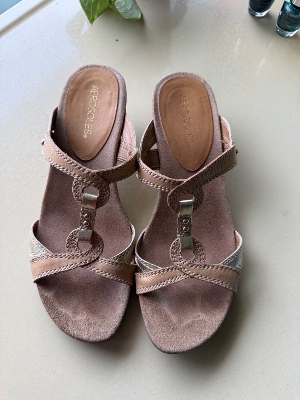 AEROSOLES Taupe Strappy Metallic-Accent Wedge Mules